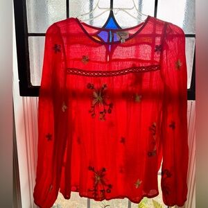 fig and flower Red Sheer Floral Embroidered Long-Sleeve Blouse